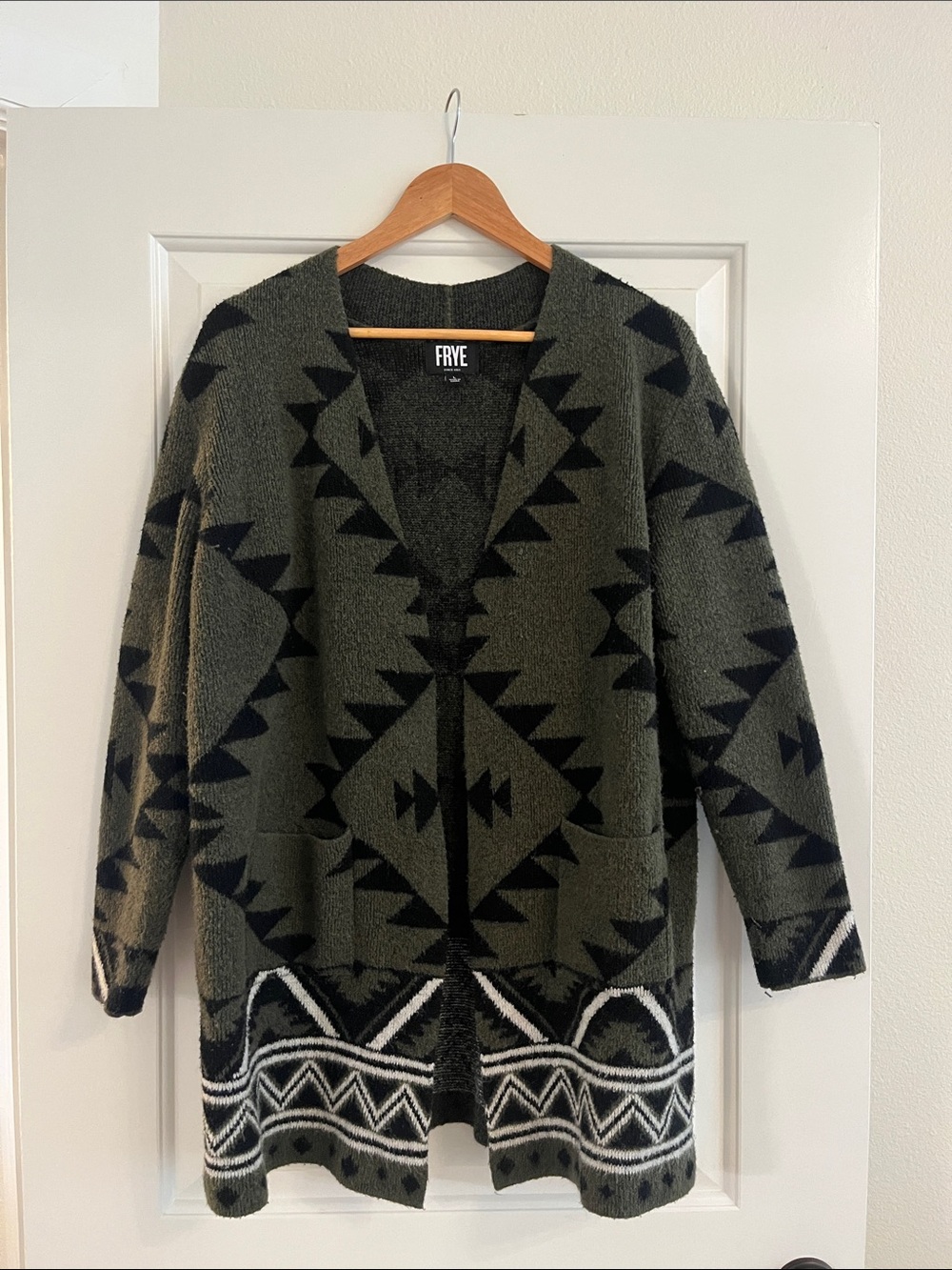 FRYE Olive & Black Aztec Knit Cardigan with White Accents Cozy Native Western